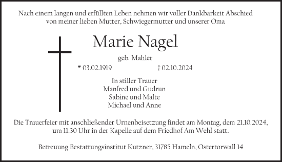 Traueranzeige von Marie Nagel von Deister- und Weserzeitung