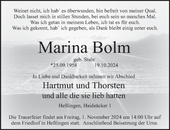 Traueranzeige von Marina Bolm von Deister- und Weserzeitung