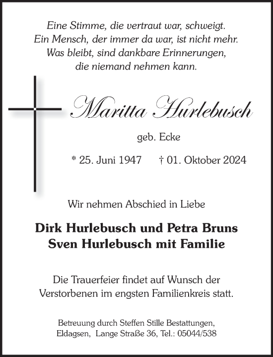 Traueranzeige von Maritta Hurlebusch von Neue Deister-Zeitung