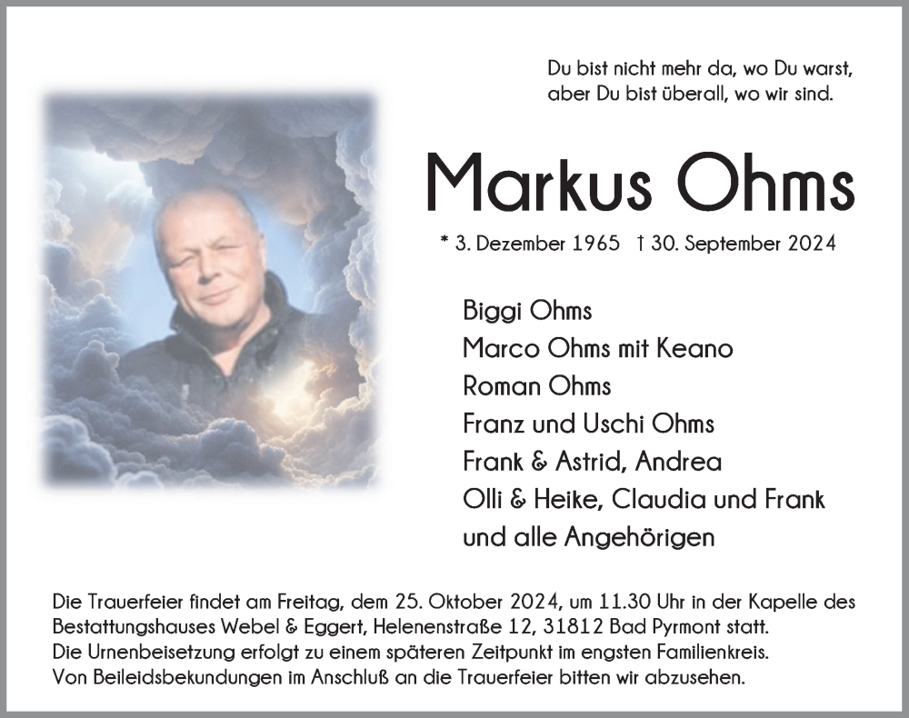  Traueranzeige für Markus Ohms vom 12.10.2024 aus Deister- und Weserzeitung