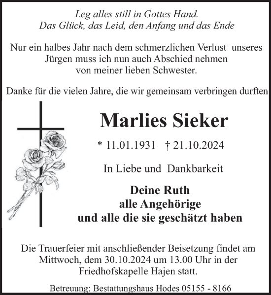 Traueranzeige von Marlies Sieker von Deister- und Weserzeitung