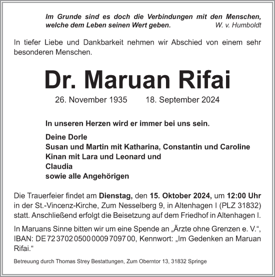 Traueranzeige von Maruan Rifai von Neue Deister-Zeitung