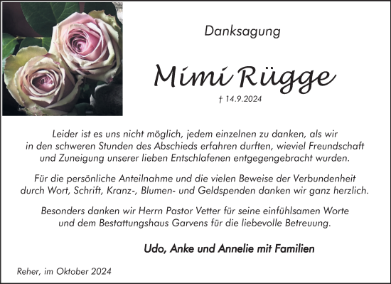 Traueranzeige von Mimi Rügge von Deister- und Weserzeitung