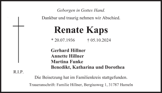 Traueranzeige von Renate Kaps von Deister- und Weserzeitung