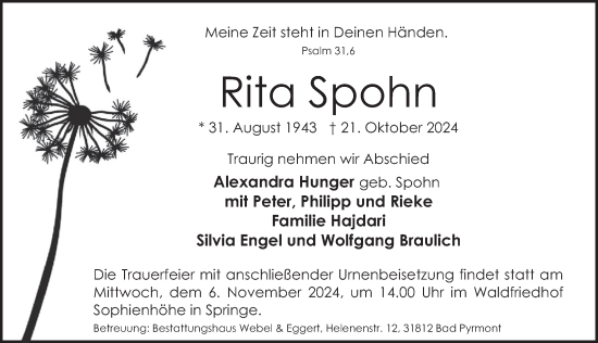 Traueranzeige von Rita Spohn von Deister- und Weserzeitung