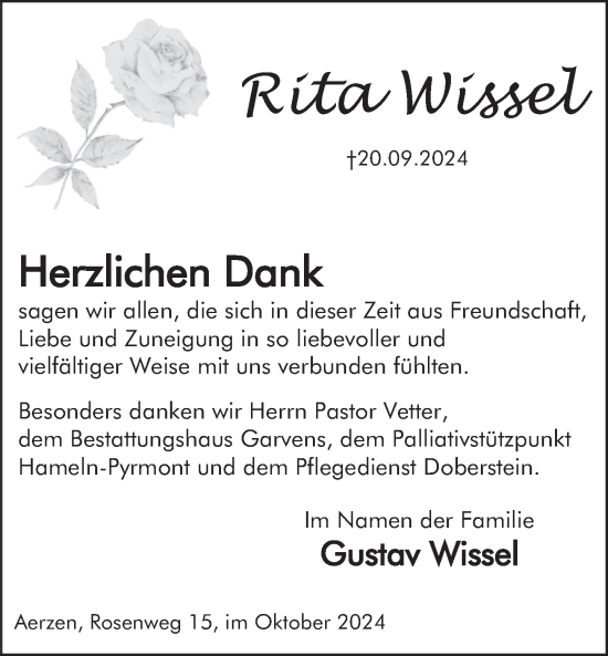 Traueranzeige von Rita Wissel von Deister- und Weserzeitung