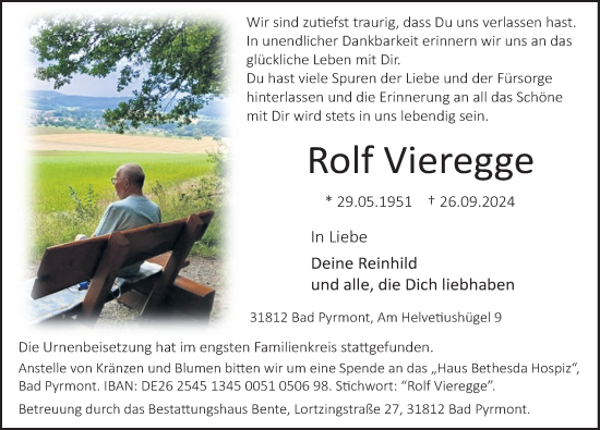 Traueranzeige von Rolf Vieregge von Deister- und Weserzeitung