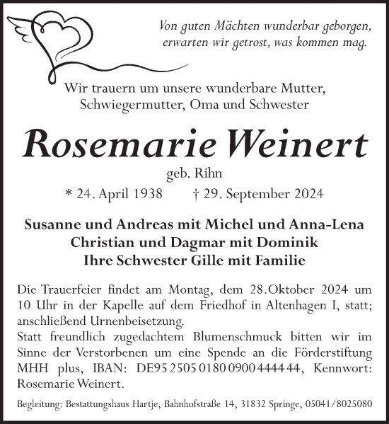 Traueranzeige von Rosemarie Weinert von Neue Deister-Zeitung