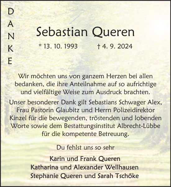 Traueranzeige von Sebastian Queren von Deister- und Weserzeitung