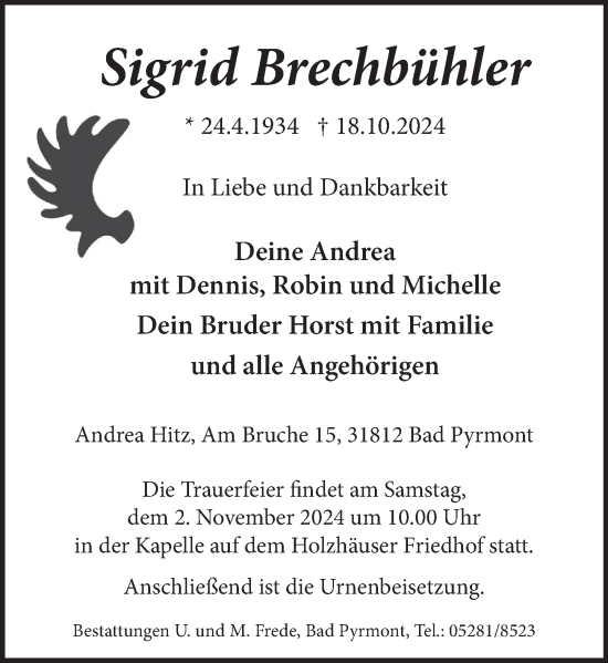 Traueranzeige von Sigrid Brechbühler von Deister- und Weserzeitung