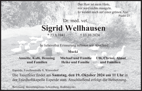 Traueranzeige von Sigrid Wellhausen von Deister- und Weserzeitung