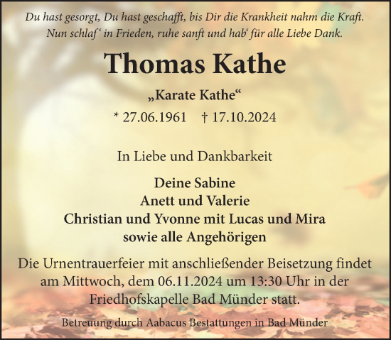 Traueranzeige von Thomas Kathe von Neue Deister-Zeitung