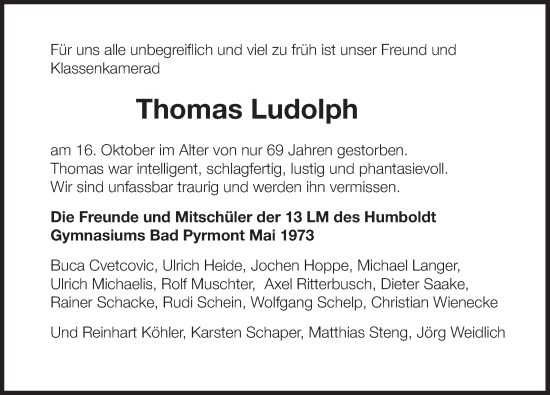 Traueranzeige von Thomas Ludolph von Deister- und Weserzeitung