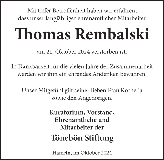 Traueranzeige von Thomas Rembalski von Deister- und Weserzeitung