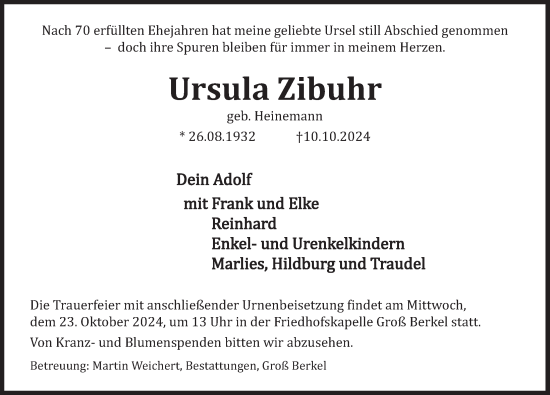 Traueranzeige von Ursula Zibuhr von Deister- und Weserzeitung