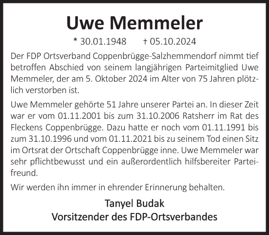 Traueranzeige von Uwe Memmeler von Deister- und Weserzeitung