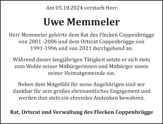 Traueranzeige von Uwe Memmeler von Deister- und Weserzeitung