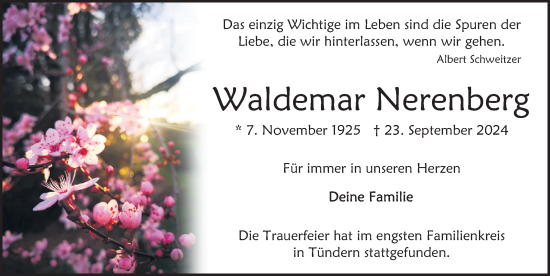 Traueranzeige von Waldemar Nerenberg von Deister- und Weserzeitung