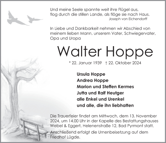 Traueranzeige von Walter Hoppe von Deister- und Weserzeitung