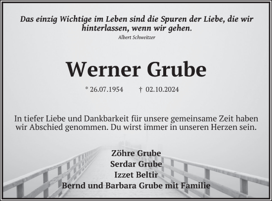 Traueranzeige von Werner Grube von Neue Deister-Zeitung