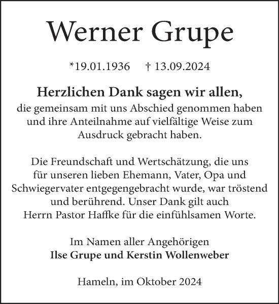 Traueranzeige von Werner Grupe von Deister- und Weserzeitung