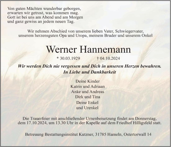Traueranzeige von Werner Hannemann von Deister- und Weserzeitung