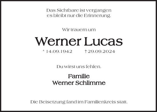 Traueranzeige von Werner Lucas von Deister- und Weserzeitung