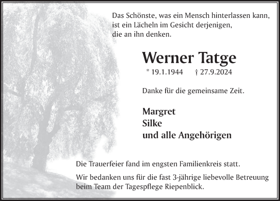 Traueranzeige von Werner Tatge von Deister- und Weserzeitung