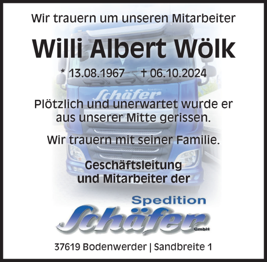 Traueranzeige von Willi Albert Wölk von Deister- und Weserzeitung