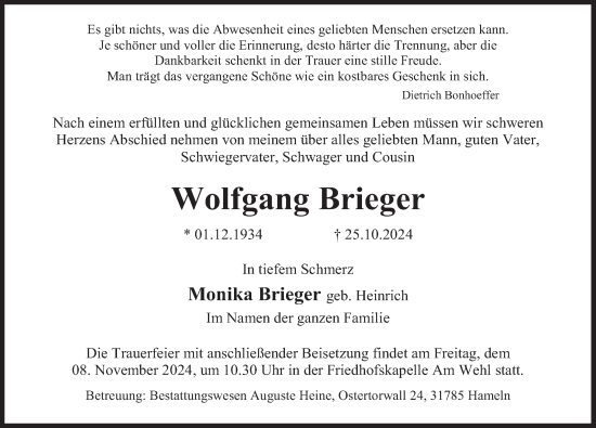 Traueranzeige von Wolfgang Brieger von Deister- und Weserzeitung