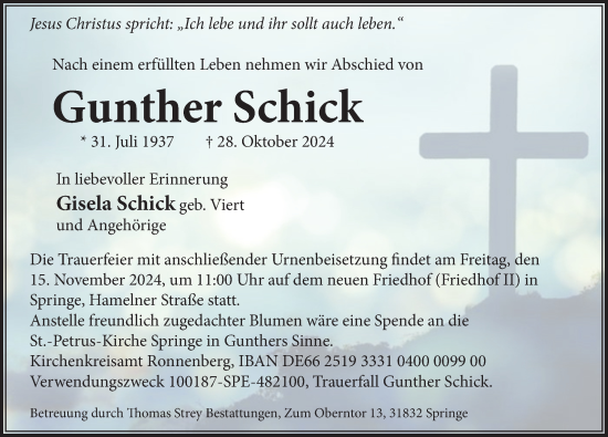 Traueranzeige von Gunther Schick von Neue Deister-Zeitung