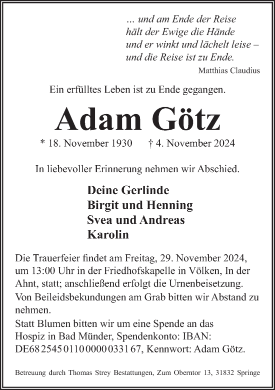 Traueranzeige von Adam Götz von Neue Deister-Zeitung