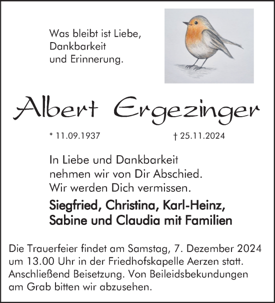 Traueranzeige von Albert Ergezinger von Deister- und Weserzeitung