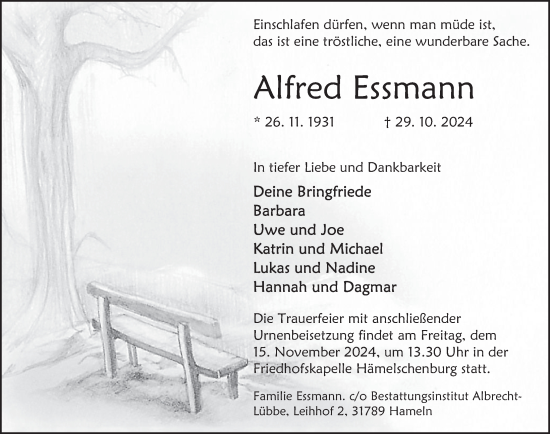 Traueranzeige von Alfred Essmann von Deister- und Weserzeitung