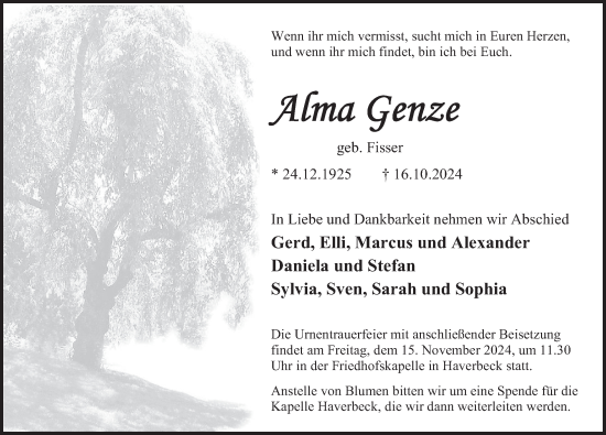 Traueranzeige von Alma Genze von Deister- und Weserzeitung