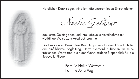Traueranzeige von Anelie Gelhaar von Deister- und Weserzeitung