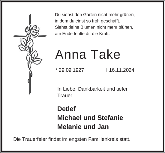 Traueranzeige von Anna Take von Neue Deister-Zeitung