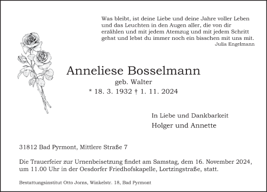 Traueranzeige von Anneliese Bosselmann von Deister- und Weserzeitung