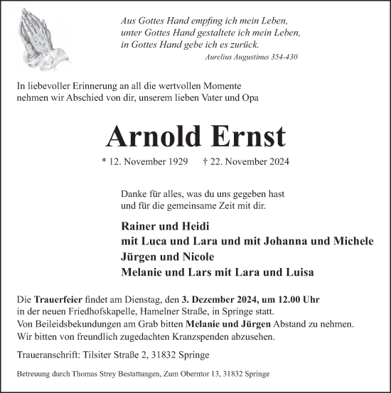 Traueranzeige von Arnold Ernst von Neue Deister-Zeitung