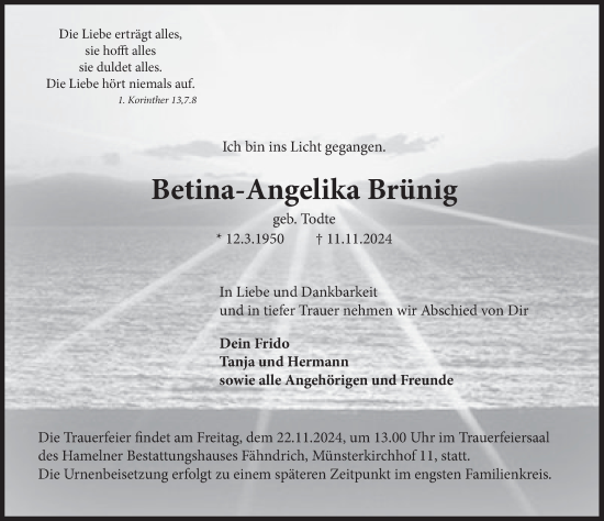 Traueranzeige von Betina-Angelika Brünig von Deister- und Weserzeitung