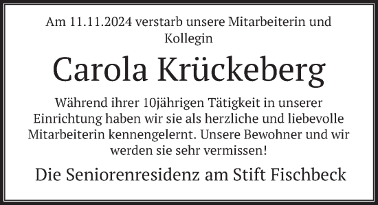 Traueranzeige von Carola Krückeberg von Deister- und Weserzeitung