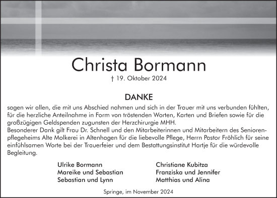 Traueranzeige von Christa Bormann von Neue Deister-Zeitung