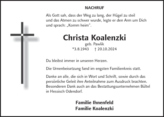 Traueranzeige von Christa Koalenzki von Deister- und Weserzeitung