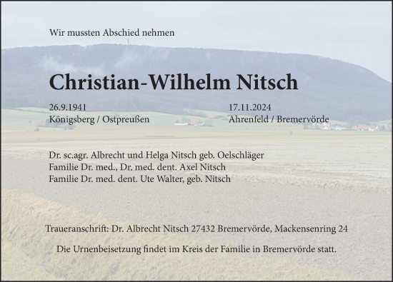 Traueranzeige von Christian-Wilhelm Nitsch von Deister- und Weserzeitung