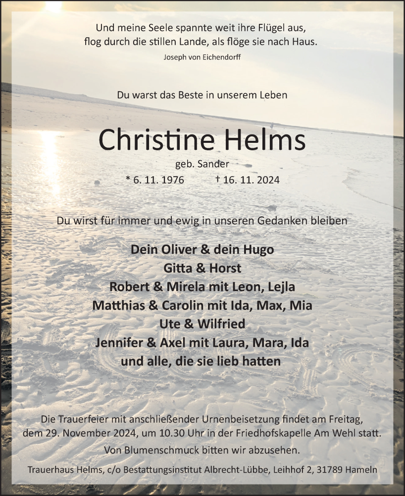  Traueranzeige für Christine Helms vom 23.11.2024 aus Deister- und Weserzeitung