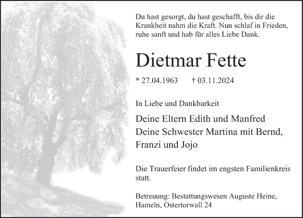  Traueranzeige für Dietmar Fette vom 09.11.2024 aus Deister- und Weserzeitung