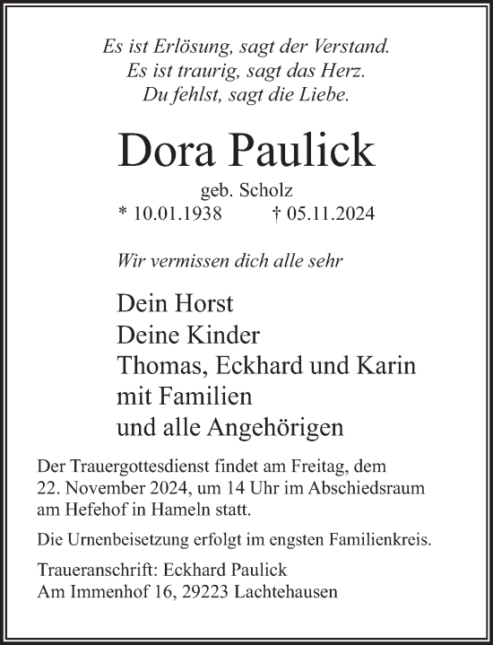 Traueranzeige von Dora Paulick von Deister- und Weserzeitung