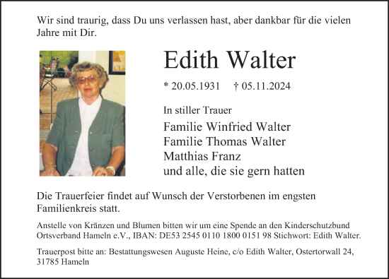 Traueranzeige von Edith Walter von Deister- und Weserzeitung