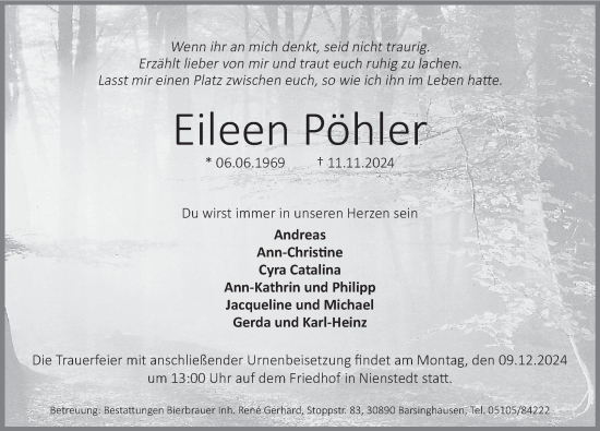 Traueranzeige von Eileen Pöhler von Deister- und Weserzeitung