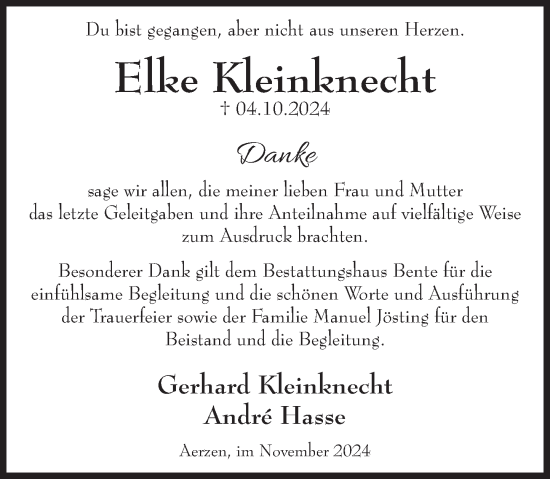 Traueranzeige von Elke Kleinknecht von Deister- und Weserzeitung